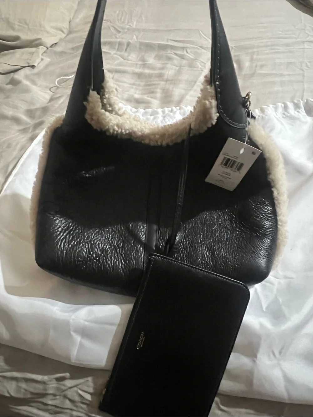 Coach Black Leather Hobo with Cream Shearling Trim and Pouch